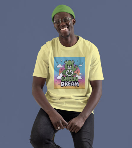 Green Dream Care Bear Tee: Good Vibes with Cannabis Leaf Design