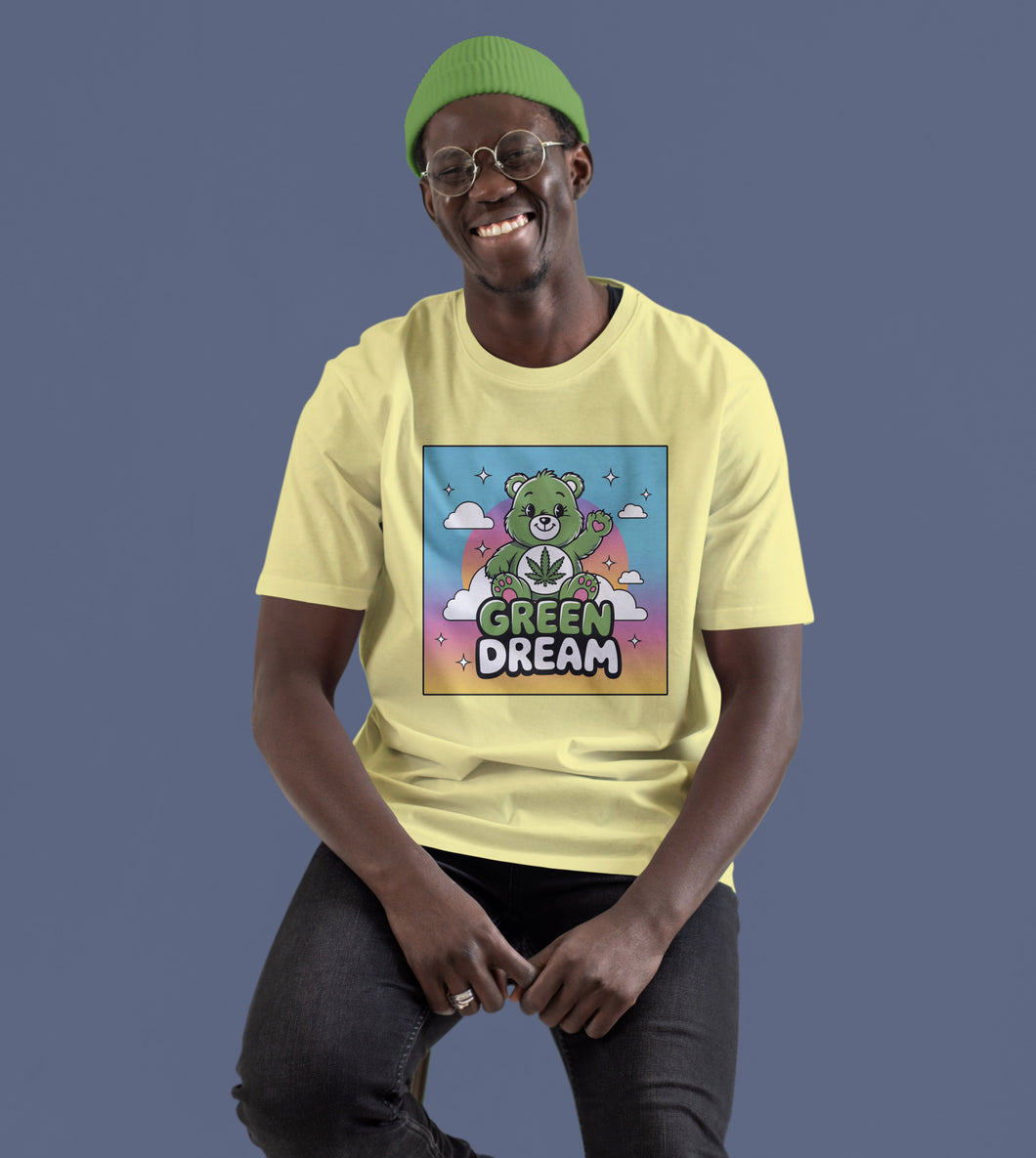 Green Dream Care Bear Tee: Good Vibes with Cannabis Leaf Design