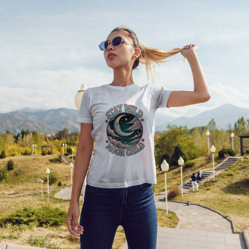 Vintage Psychedelic Stay Wild Moon Child Tee: Crescent Moon & Cosmic Swirls 🌙